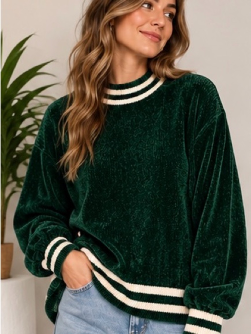 All Points by Reference Point Vintage 90s Chenille Varsity Stripe Sweater